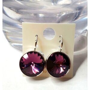 New! SWAROVSKI Element Earrings Purple Round New. Wedding. Party Work Leverback